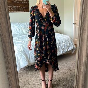 Black floral long sleeve high low a-line wrap dress